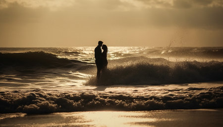 Silhouetted men surfing waves at dusk, enjoying summer vacations outdoors generated by artificial intelligenceの素材