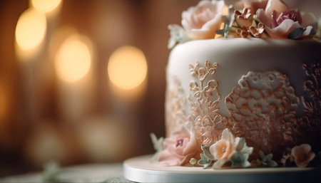 Romantic wedding cake with elegant decoration and candlelight arrangement generated by artificial intelligenceの素材