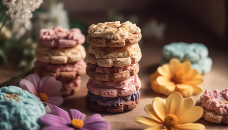 Homemade macaroon stack on rustic wood table with sweet indulgence generated by artificial intelligenceの素材