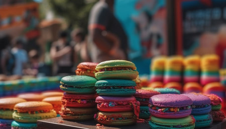 A colorful stack of French macaroons, a sweet indulgence generated by artificial intelligenceの素材