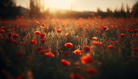 Vibrant wildflowers bloom in tranquil meadow at sunset, nature beauty generated by artificial intelligenceの素材