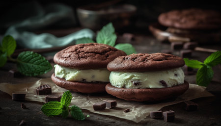 Homemade chocolate chip cookie stack with dark chocolate fudge ball generated by artificial intelligenceの素材
