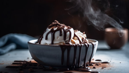 Indulgent homemade brownie with melting dark chocolate and creamy icing generated by artificial intelligenceの素材