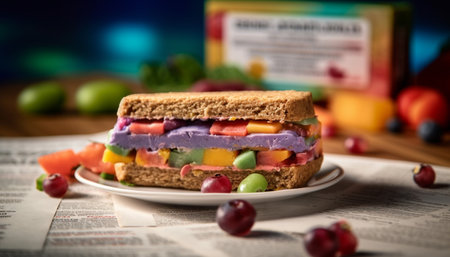 A gourmet sandwich stack with fresh fruit and berry dessert generated by artificial intelligenceの素材