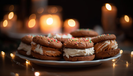 Homemade chocolate cake with icing and marshmallow decoration on wood table generated by artificial intelligenceの素材