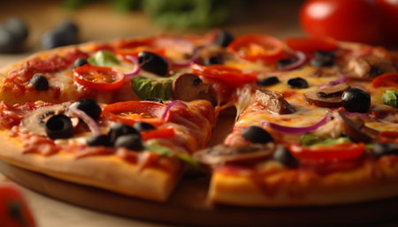 Close up of rustic homemade pizza with fresh mozzarella and salami generated by artificial intelligenceの素材