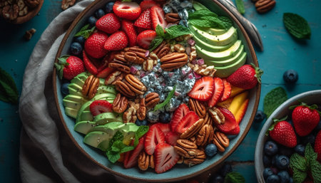 Fresh berry salad with granola, a healthy gourmet summer snack generated by artificial intelligenceの素材