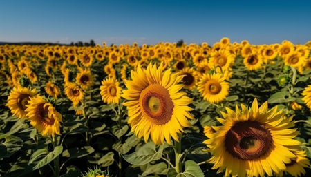 Vibrant sunflower meadow, a multi colored beauty in nature organic landscape generated by artificial intelligenceの素材