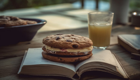 Rustic homemade meal chocolate chip cookie, coffee, and book reading generated by artificial intelligenceの素材