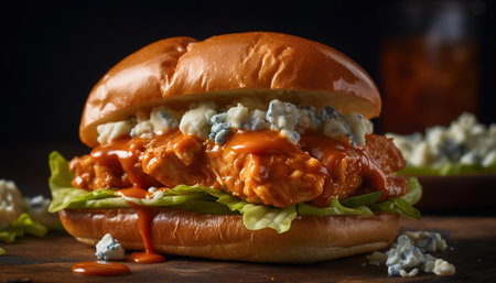 Grilled beef burger on a rustic wood table, ready to eat generated by artificial intelligenceの素材