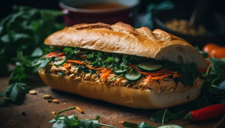 Grilled beef ciabatta sandwich with fresh tomato and vegetables on table generated by artificial intelligenceの素材