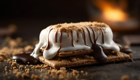 Indulgent homemade chocolate cookie stack with whipped cream and fruit generated by artificial intelligenceの素材