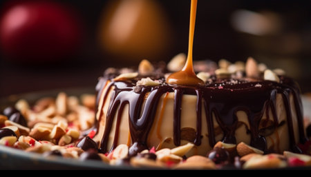 Decadent homemade chocolate cake with whipped cream and fudge icing generated by artificial intelligenceの素材