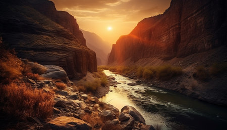 Tranquil scene of majestic mountain range at dawn, reflecting beauty generated by artificial intelligenceの素材