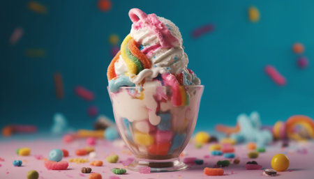 Child indulges in gourmet ice cream sundae with multi colored toppings generated by artificial intelligenceの素材