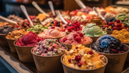 A colorful bowl of berry fruit ice cream and candy indulgence generated by artificial intelligenceの素材