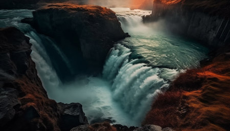 Majestic mountain cliff, flowing water, beauty in nature, extreme terrain generated by artificial intelligenceの素材