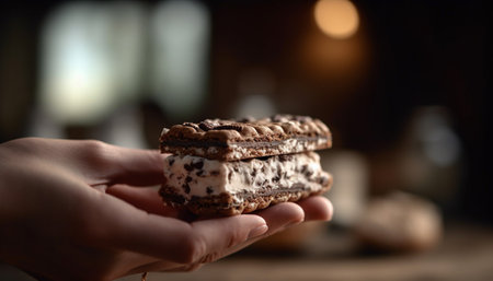 Hand holding homemade chocolate biscuit, indulgence in unhealthy eating generated by artificial intelligenceの素材