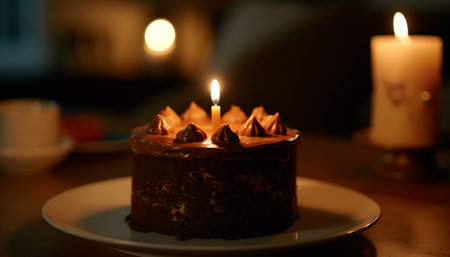 Indulgent chocolate cake and sweet pie, illuminated by candlelight generated by artificial intelligenceの素材