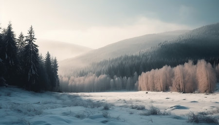 Tranquil autumn meadow, mountain peak, and coniferous tree panorama generated by artificial intelligenceの素材