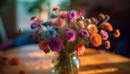 Fresh bouquet of multi colored flowers on wooden table indoors generated by artificial intelligenceの素材
