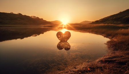 Romantic sunset silhouette, heart shaped reflection on tranquil water generated by artificial intelligenceの素材
