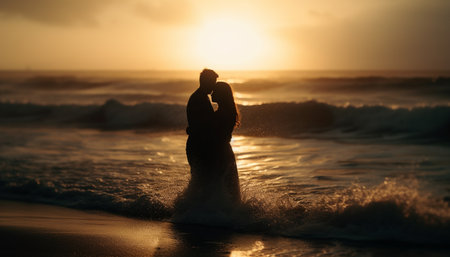 Sun kissed couple embraces in beach silhouette, radiating happiness and togetherness generated by artificial intelligenceの素材