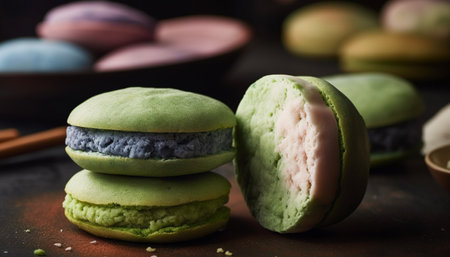 Multi colored macaroon stack, a gourmet French dessert indulgence generated by artificial intelligenceの素材