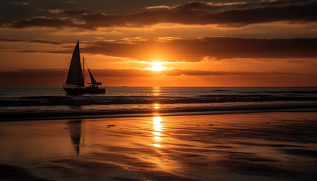 Sailing yacht glides on tranquil seascape at sunset, a romantic adventure generated by artificial intelligenceの素材
