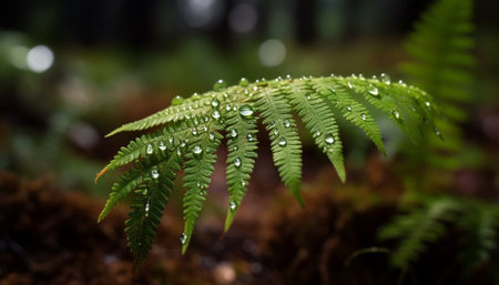 Vibrant green fern frond in dewy forest, new life emerging generated by artificial intelligenceの素材