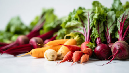 Fresh organic root vegetables for healthy summer salads and meals generated by artificial intelligenceの素材