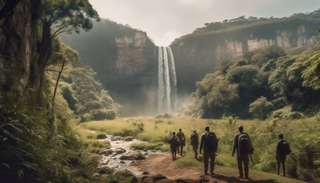 Men and women hiking through majestic mountain range, exploring nature generated by artificial intelligenceの素材