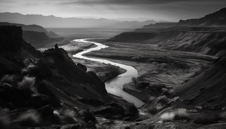 Majestic mountain range, eroded cliffs, flowing water, remote adventure destination generated by artificial intelligenceの素材