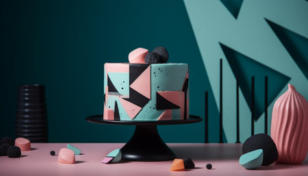 Modern chocolate dessert design on wooden table with sweet candy generated by artificial intelligenceの素材