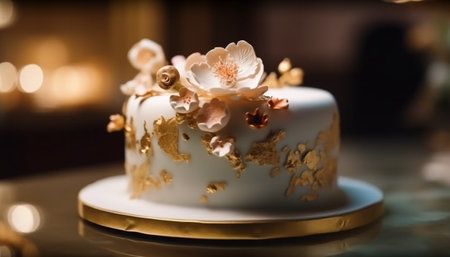 Indulgent chocolate wedding cake with fresh fruit and ornate decoration generated by artificial intelligenceの素材