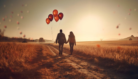 Sunset balloon ride brings together affectionate couple in nature beauty generated by artificial intelligenceの素材
