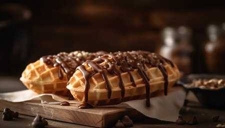 Stack of homemade chocolate waffles on rustic wooden table generated by artificial intelligenceの素材