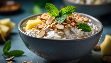 A gourmet bowl of organic granola with fresh fruit and yogurt generated by artificial intelligenceの素材