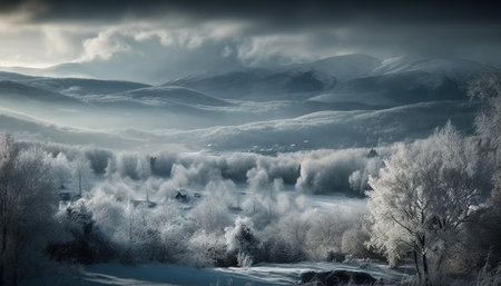 Tranquil winter landscape mountain peak, forest, and blue sky horizon generated by artificial intelligenceの素材