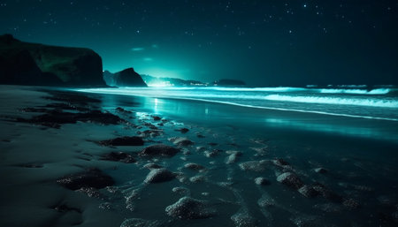 Tranquil scene of illuminated horizon over water, majestic galaxy above generated by artificial intelligenceの素材
