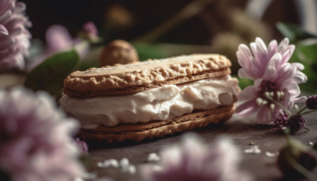 Homemade gourmet dessert French macaroon with raspberry and whipped cream generated by artificial intelligenceの素材