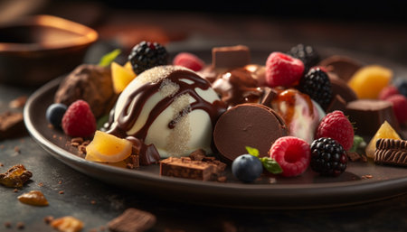 Indulgent gourmet dessert dark chocolate fudge ball with fresh berries generated by artificial intelligenceの素材