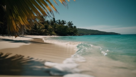 Idyllic tropical coastline, turquoise waters, palm trees, tranquil scene, relaxation generated by artificial intelligenceの素材