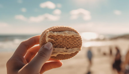 Hand holding desert on sandy beach, enjoying summer refreshment generated by artificial intelligenceの素材