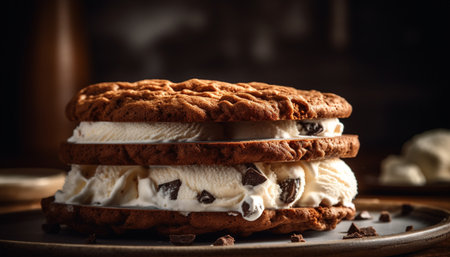 Indulgent homemade dessert stack with chocolate, whipped cream, and syrup generated by artificial intelligenceの素材