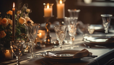 Luxury dining table with elegant crockery, silverware, and crystal glassware generated by artificial intelligenceの素材