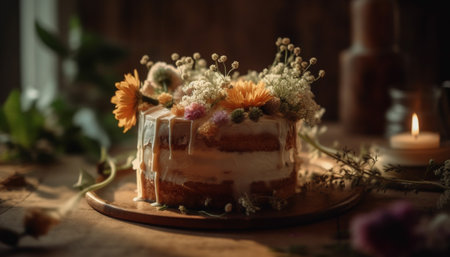 Rustic wedding cake with chocolate icing, berry and flower decoration generated by artificial intelligenceの素材