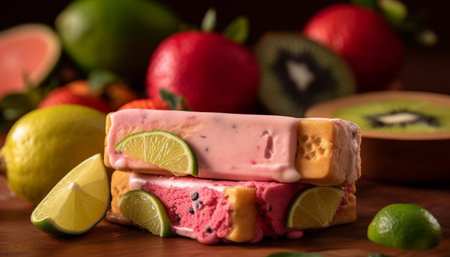 Fresh citrus slices on rustic wood, a colorful summer indulgence generated by artificial intelligenceの素材