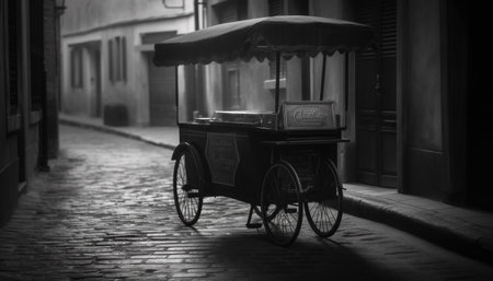 Old fashioned car driving through wet city streets at night generated by artificial intelligenceの素材