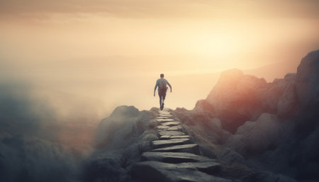 One person conquering adversity, standing on mountain peak at sunset generated by artificial intelligenceの素材